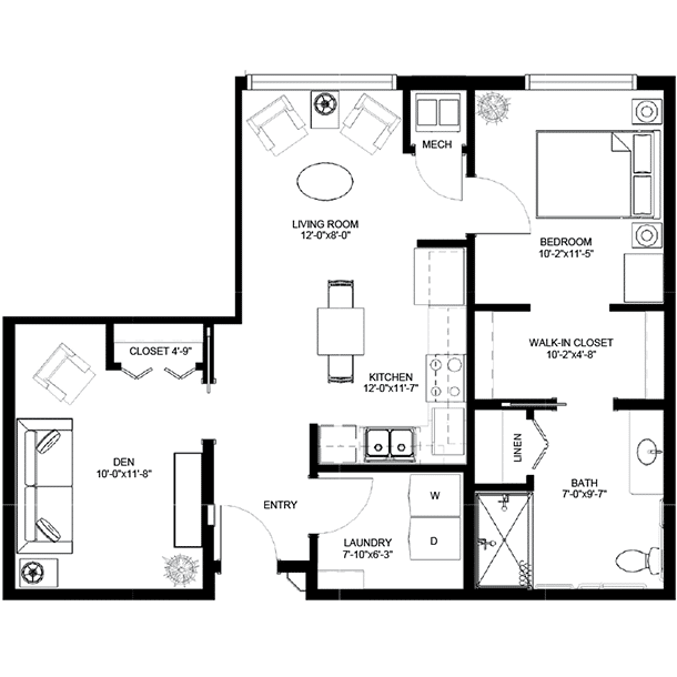 Meadowview of Davenport, IA, Assisted Living Floorplan, 1 Bedroom 1 Bathroom plus Den