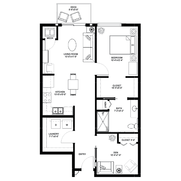 Meadowview of Davenport, IA, Assisted Living Floorplan, 1 Bedroom 1 Bathroom plus Den