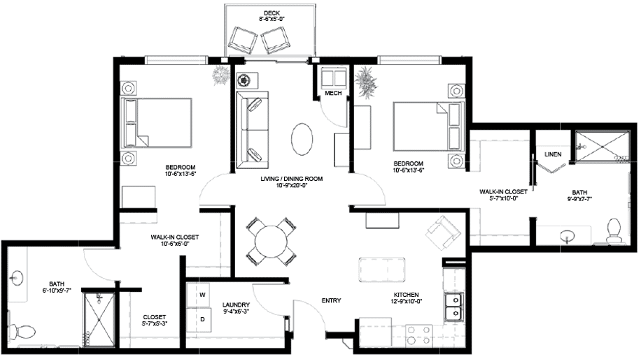 Meadowview of Davenport, IA, Assisted Living Floorplan, 2 BR/2BA B