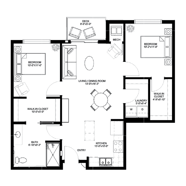 Meadowview of Davenport, IA, Independent Living 2 Bedroom, 2 Bathroom Floorplan