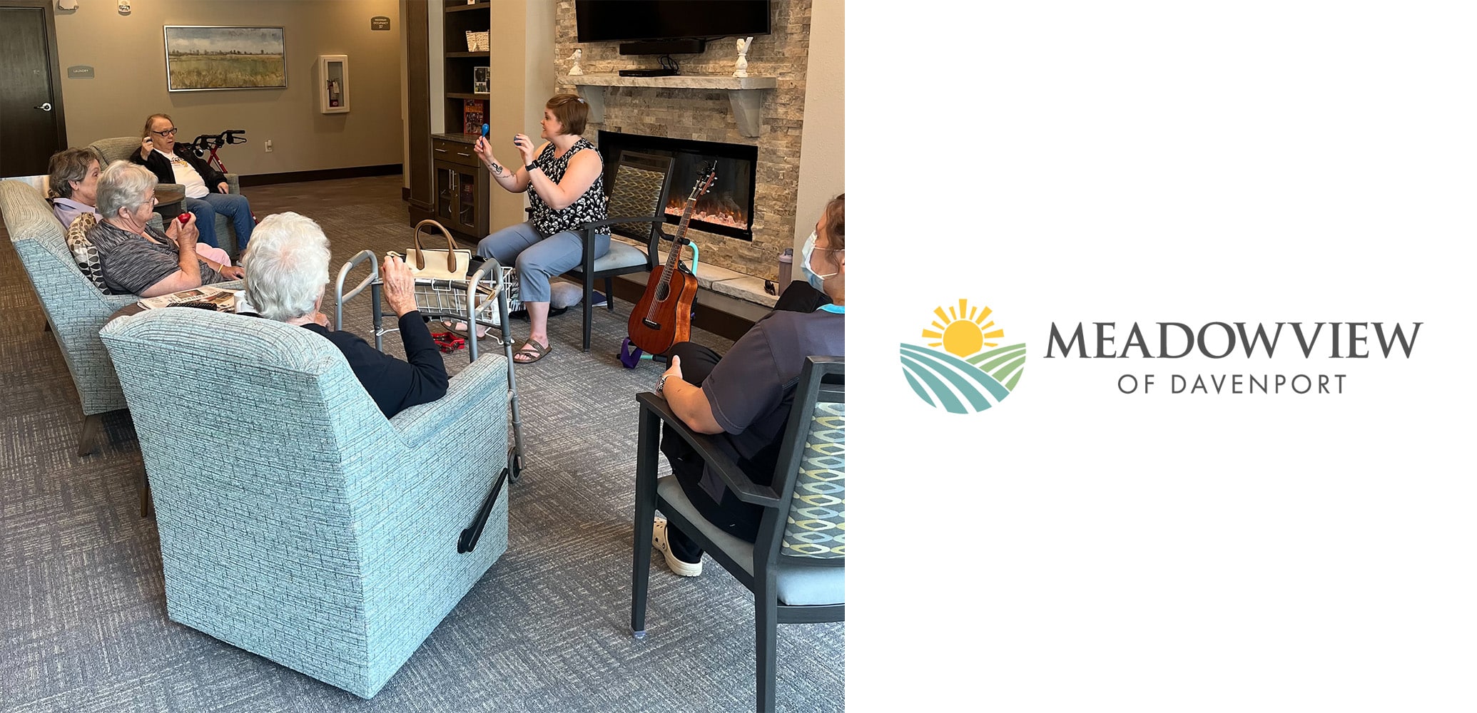 Board-certified music therapist Laura Fehr leads a music therapy session at Meadowview of Davenport, engaging memory care residents with instruments and interactive activities to support their cognitive, emotional and social wellbeing.