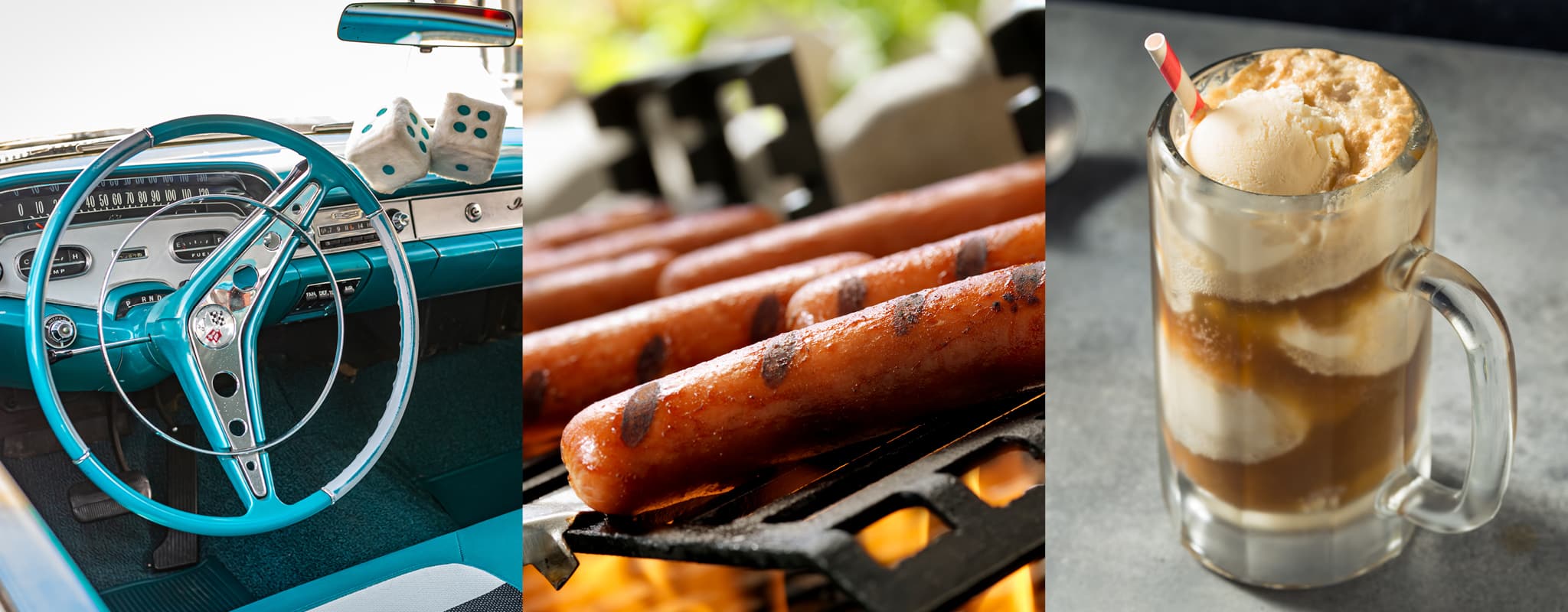 Collage of a classic car steering wheel, grilled hot dogs, and a root beer float—promoting the Father’s Day car show event at Meadowview of Davenport.